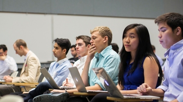 Stanford University students listen during their Technology Entrepreneurship class